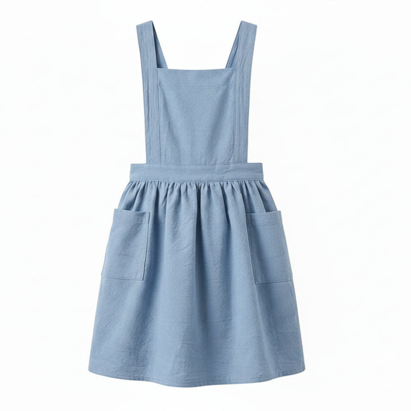 Blått barnförkläde i bomull och linne med kjolform