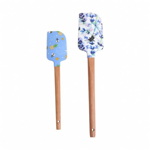 Slickepott silikon 2-pack med trähandtag och dekorativa mönster med bin och blommor.