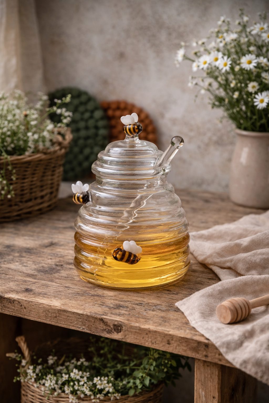 Honungsburk i glas i lantlig köksmiljö med blommor och träbord